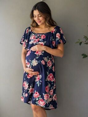 Hello Miz Maternity Floral Off Shoulder Dress Size M Navy Pink